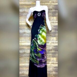 Peacock Abstract Flower Sleeveless Boho Y2K Festival Maxi Dress S